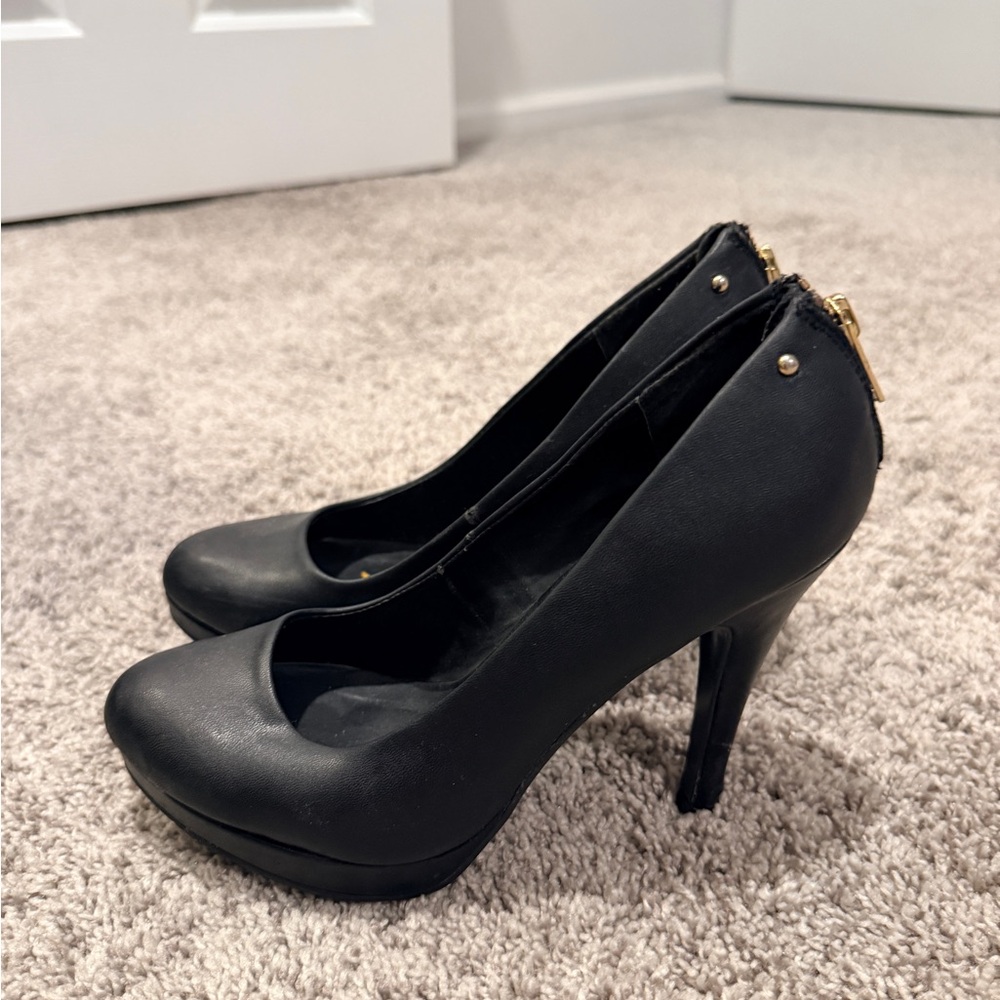 Call It Spring Black Heels with Gold Accents
